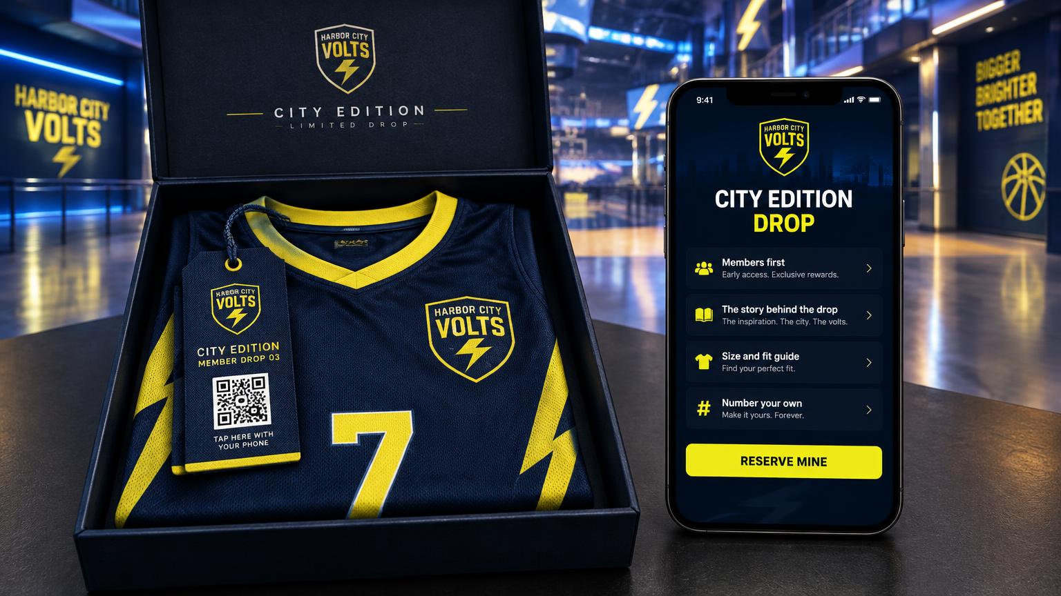 A limited-edition Harbor City Volts city-edition basketball jersey in a presentation box with a designed tap-here swing tag, beside a large phone showing a members-first city-edition drop portal with a reserve mine button