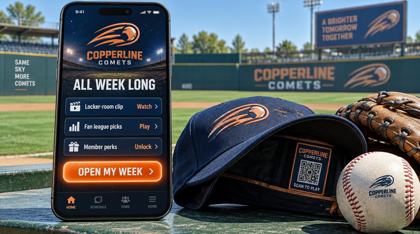 A large phone showing a fictional Copperline Comets between-games portal with a locker-room clip, weekly fan-league picks and member perks, beside a branded baseball cap with a scan-to-play label, a baseball and a glove at a sunny ballpark