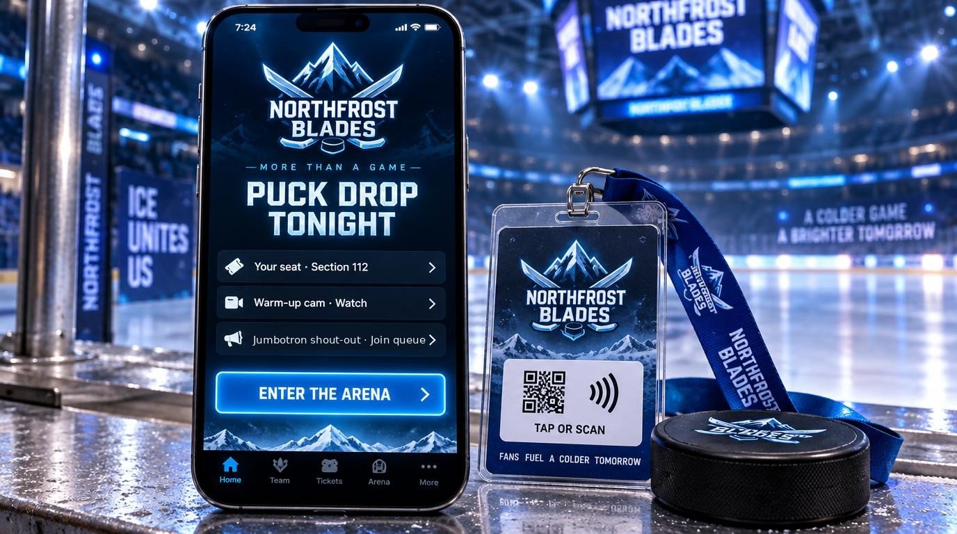 A large phone showing a fictional Northfrost Blades puck-drop portal with your seat, warm-up cam, jumbotron shout-out queue and enter the arena, beside a branded arena pass on a lanyard with a tap-or-scan label and a hockey puck