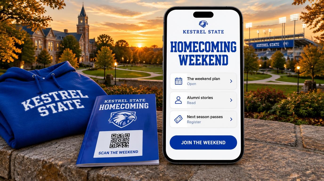A large phone showing a fictional Kestrel State homecoming-weekend portal with the weekend plan, alumni stories and next season passes and a join-the-weekend button, beside a printed homecoming programme with a scan-the-weekend label and a Kestrel State hoodie on a campus wall at dusk