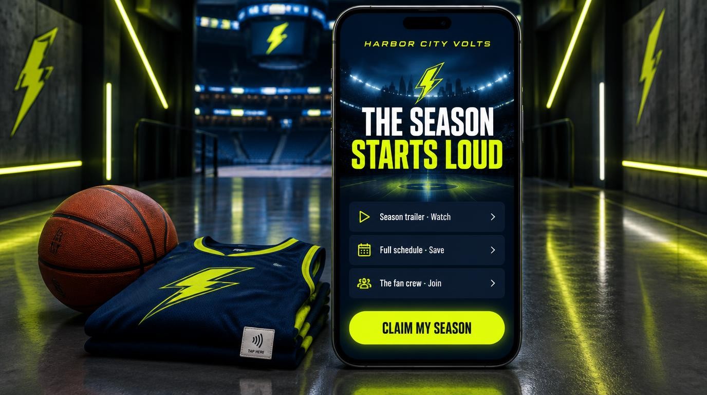 A large phone showing a fictional Harbor City Volts season-drop portal with a season trailer, full schedule and the fan crew, beside a folded navy city-edition basketball jersey with a branded tap-here woven label and a basketball in a neon arena tunnel