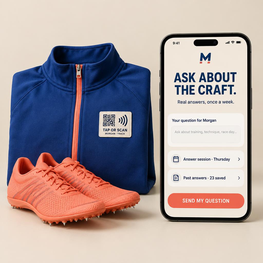 A large phone showing an Ask About the Craft portal with a question for Morgan, an answer session, past answers and a send my question button, beside a cobalt training jacket with a branded tap-or-scan woven label and coral track spikes
