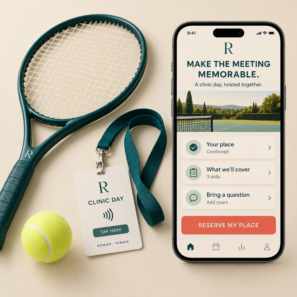 A large phone showing a Clinic Day portal with a place reservation, what the day covers and bring a question, beside a cobalt Rowan clinic pass on a lanyard with a branded tap-here contactless tab