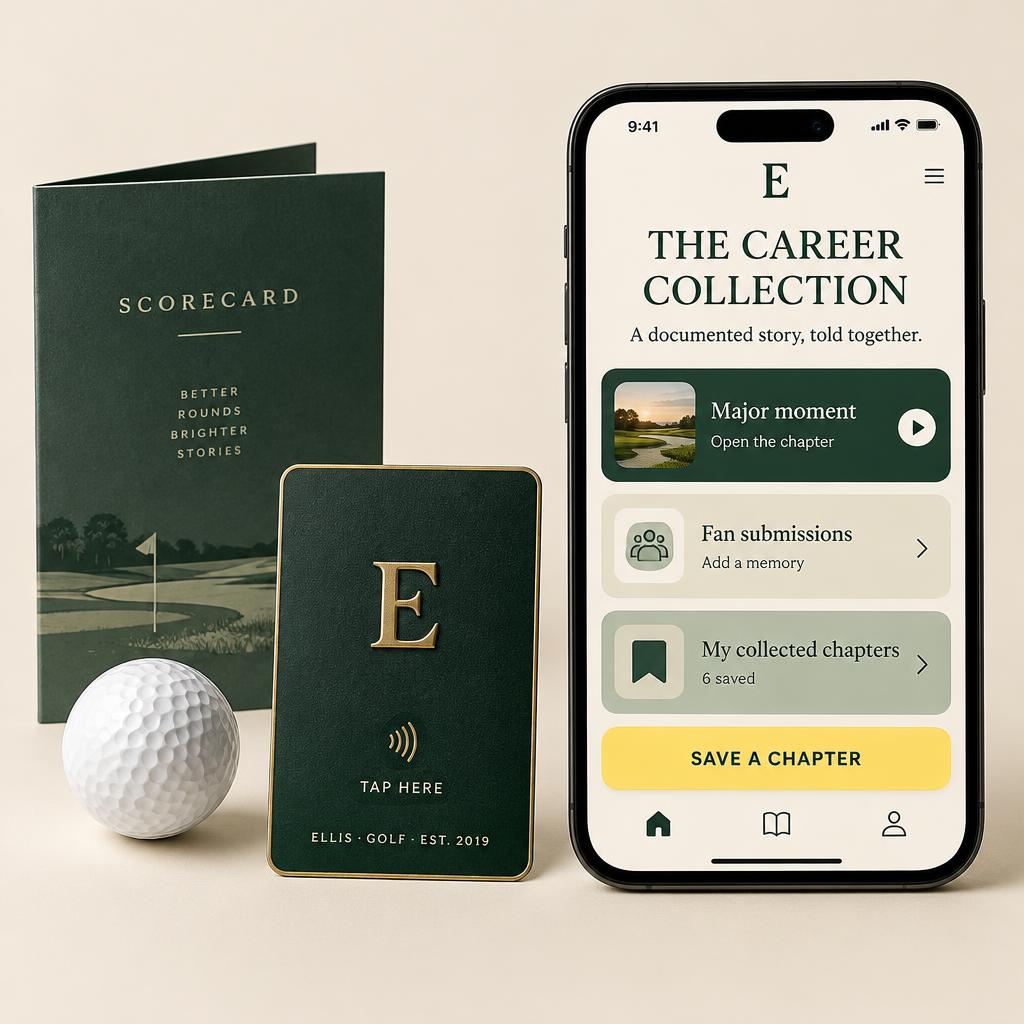 A large phone showing a The Career Collection portal with open a chapter on a major moment, fan submissions, collected chapters and a save a chapter button, beside an Ellis golf collectible card with a branded tap-here label and a golf ball
