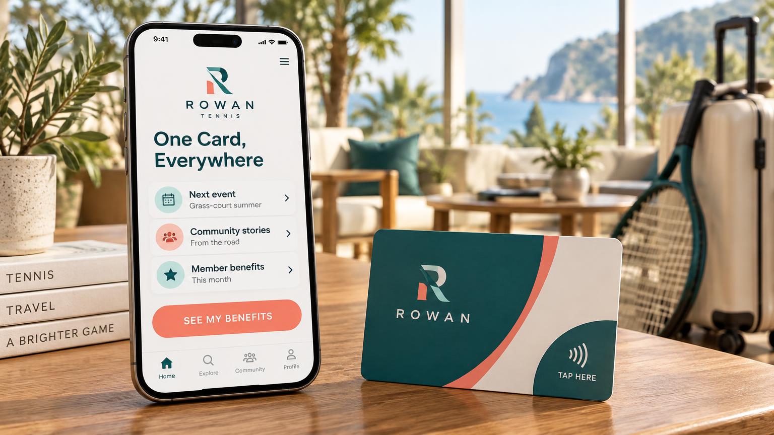A large phone showing a One Card, Everywhere community portal with next event, community stories, member benefits and a see my benefits button, beside a teal Rowan membership card with a branded tap-here label and a racket and trolley bag behind