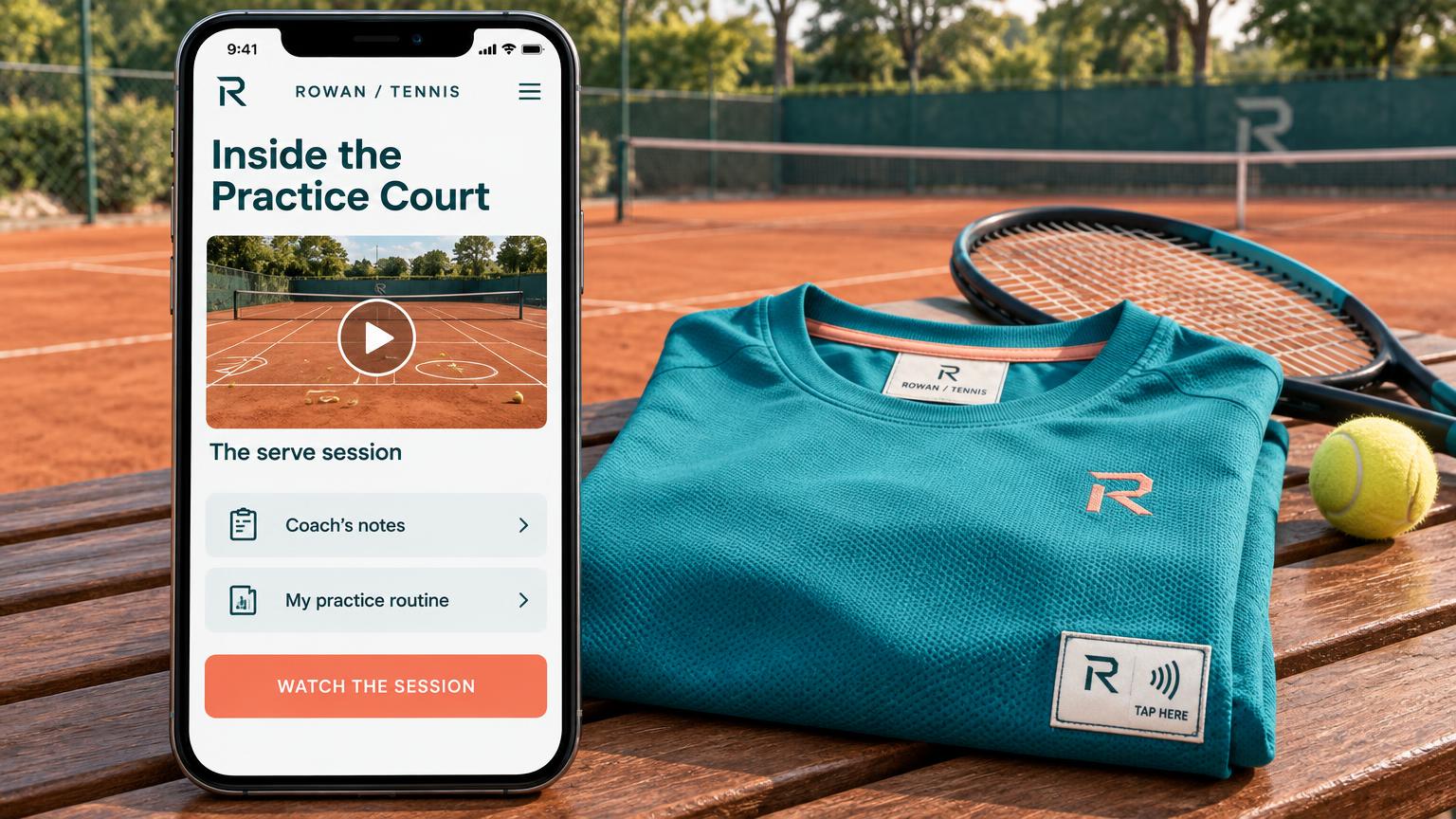 A large phone showing an Inside the Practice Court portal with a serve-session clip, coach's notes, my practice routine and a watch the session button, beside a teal Rowan tennis training top with a branded tap-here woven patch