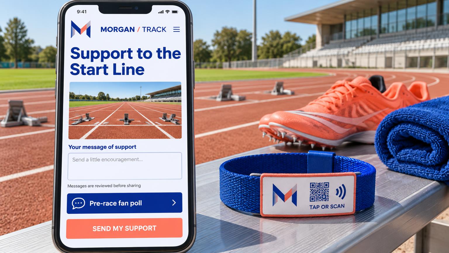 A large phone showing a Support to the Start Line portal with a message of support, a pre-race fan poll and a send my support button, beside a cobalt supporter wristband with a branded tap-or-scan label and coral track spikes