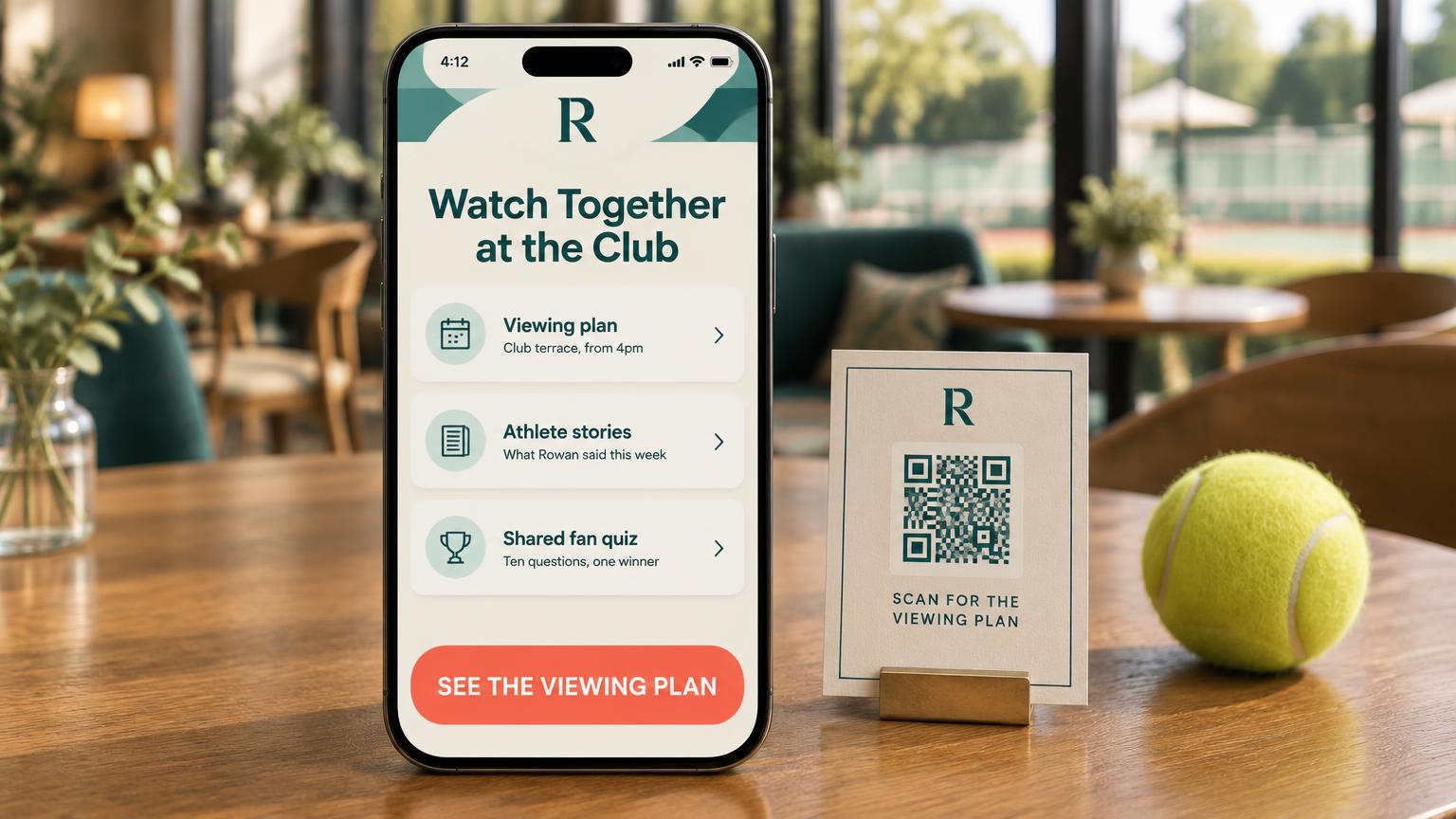 A large phone showing a club watch-along portal with a viewing plan, athlete stories and a shared fan quiz, beside a printed venue table card with a branded scan-for-the-viewing-plan QR label