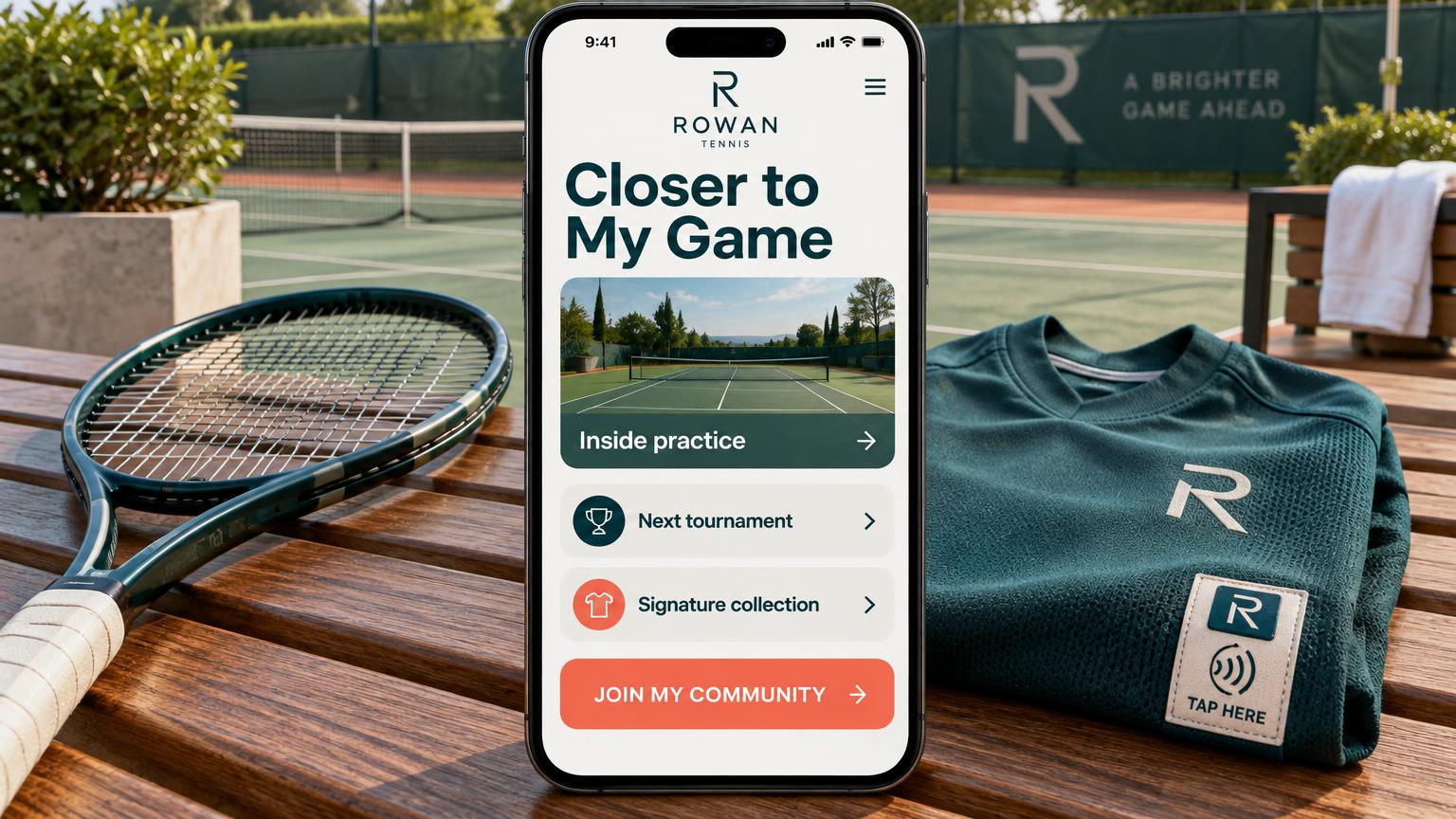 A large phone showing a fictional Rowan tennis fan portal with inside practice, next tournament, signature collection and join my community, beside a teal signature shirt with a branded tap-here woven label and a tennis racket