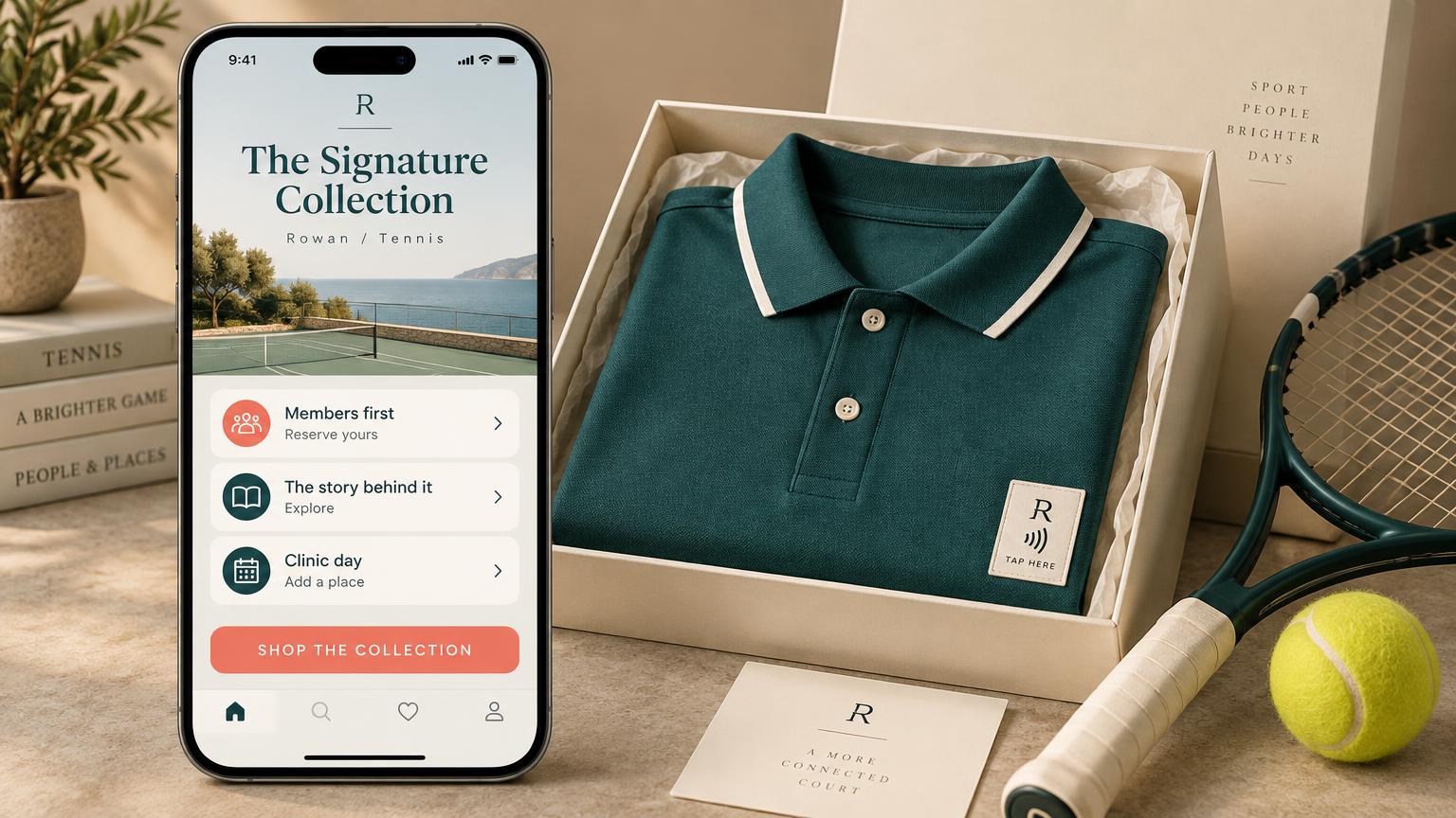 A teal signature polo in a presentation box with a branded tap-here woven label, beside a large phone showing a signature collection portal with members first, the story behind it, clinic day and a shop the collection button
