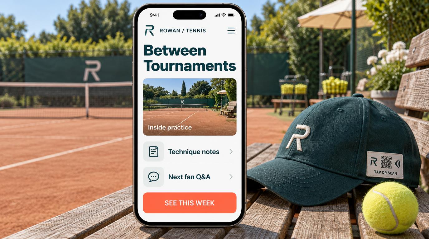 A large phone showing a fictional Rowan tennis between-tournaments portal with inside practice, technique notes, next fan Q&A and see this week, beside a teal signature cap with a branded tap-or-scan woven label and a tennis ball
