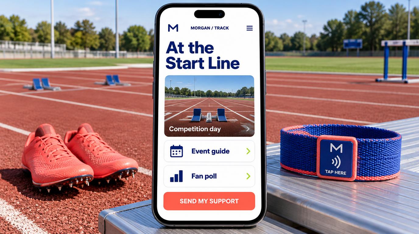 A large phone showing a fictional Morgan track competition-day portal with an event guide, fan poll and send my support button, beside coral track spikes and a cobalt supporter wristband with a branded tap-here contactless tab
