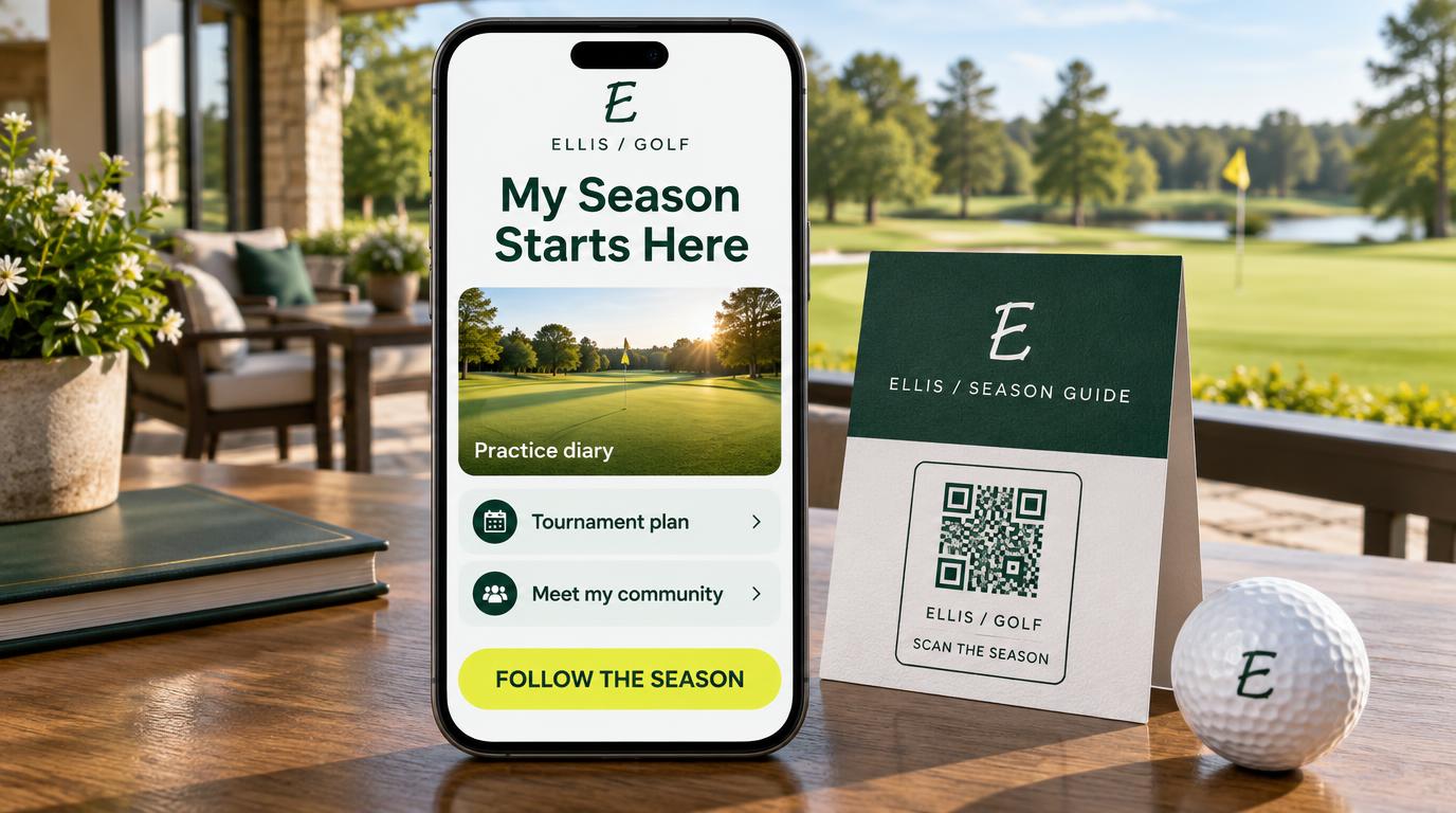 A large phone showing a fictional Ellis golf season-launch portal with practice diary, tournament plan, meet my community and follow the season, beside a branded printed season guide with a scan-the-season QR label and a golf ball