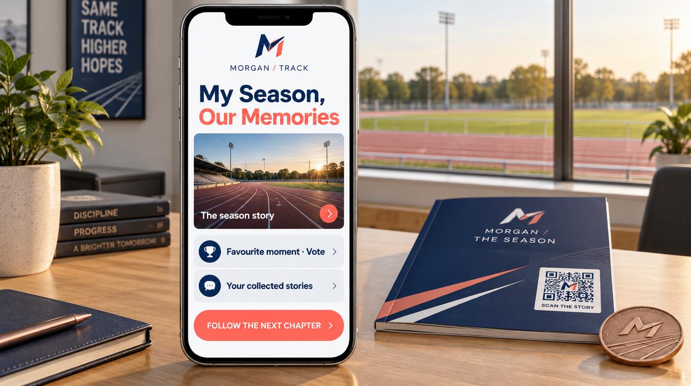 A large phone showing a fictional Morgan track season-reflection portal with the season story, favourite moment vote, collected stories and follow the next chapter, beside a commemorative paper booklet with a branded scan-the-story QR panel and a copper keepsake medal