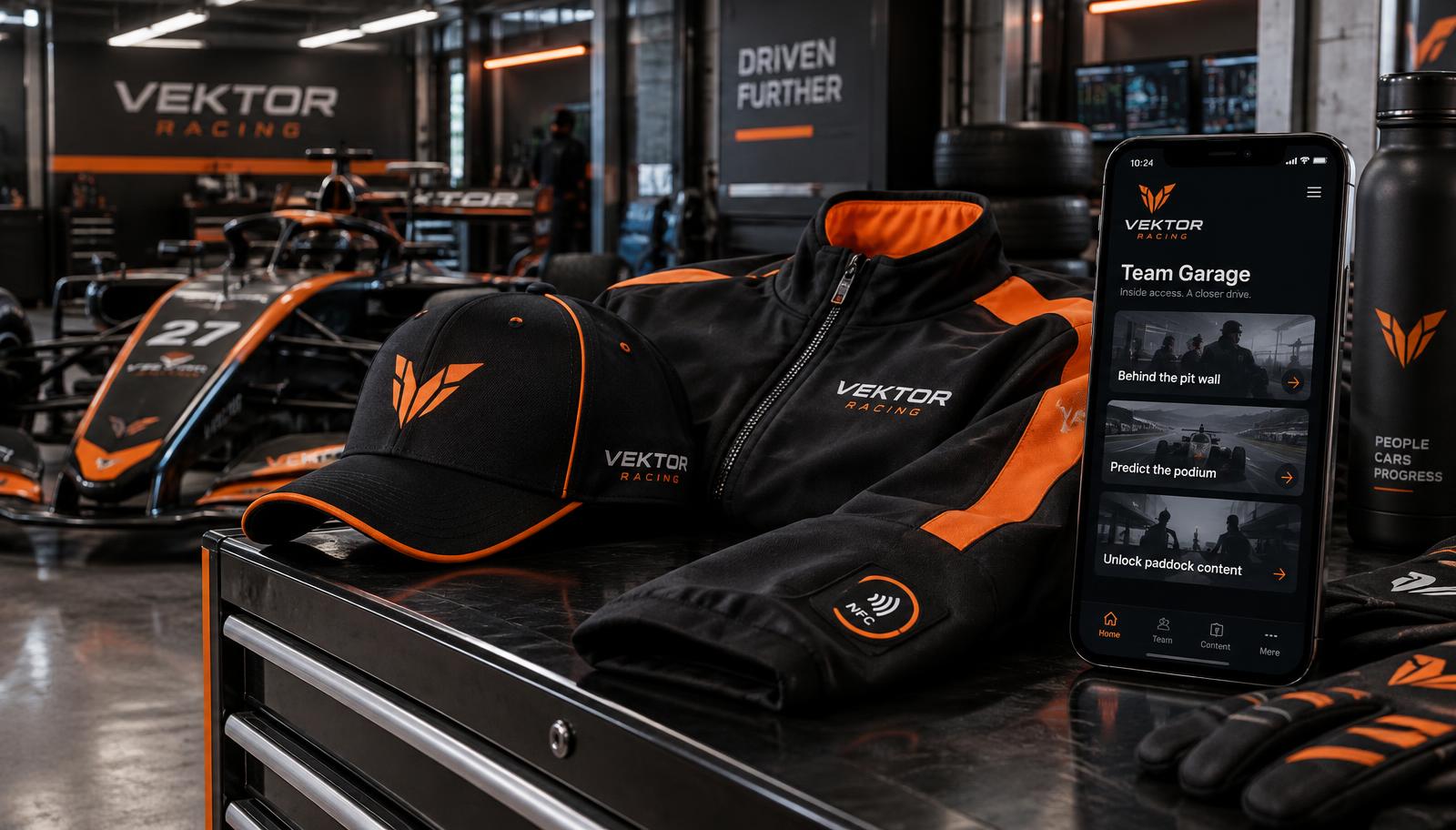 A team cap and tagged jacket in a pit garage beside a phone showing a team garage portal with pit-wall content, podium predictions and paddock extras