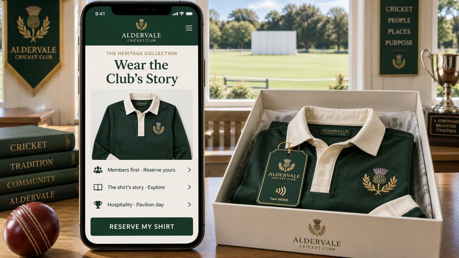 A heritage cricket shirt in a presentation box with a designed tap-here woven tag, beside a phone showing a members-first heritage collection portal with a reserve my shirt button