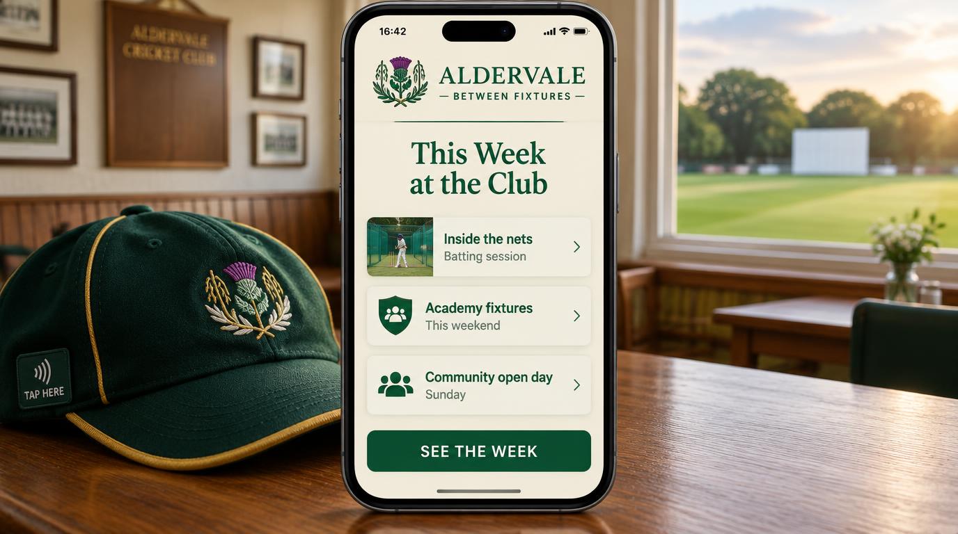 A phone showing an Aldervale between-fixtures portal with this week at the club, inside the nets, academy fixtures and a community open day behind a large see the week button, beside a green Aldervale cricket cap with a woven tap-here label