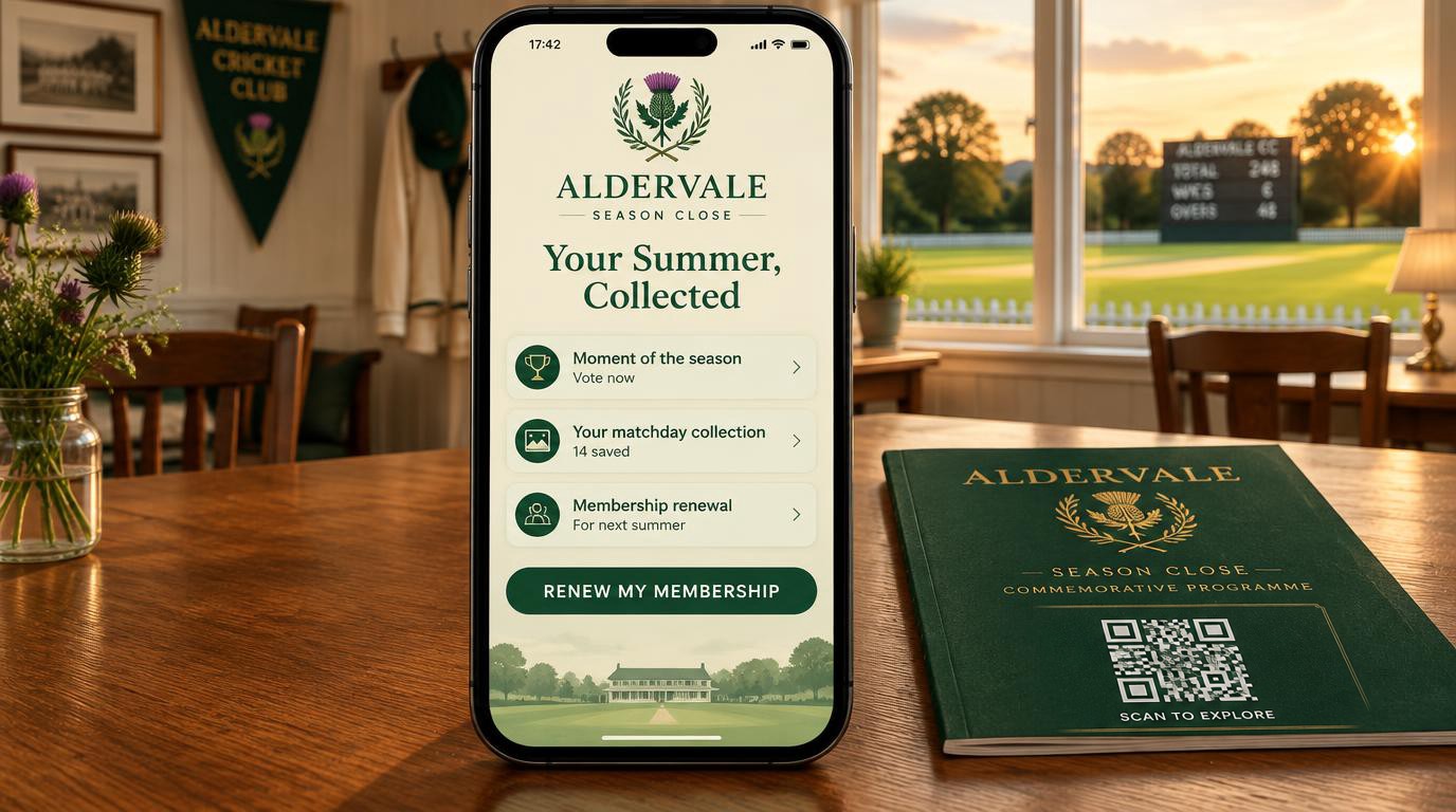 A phone showing an Aldervale season close portal titled your summer collected with a moment of the season vote, a matchday collection row and a large renew my membership button, beside a deep green commemorative paper programme with a designed scan-to-open label
