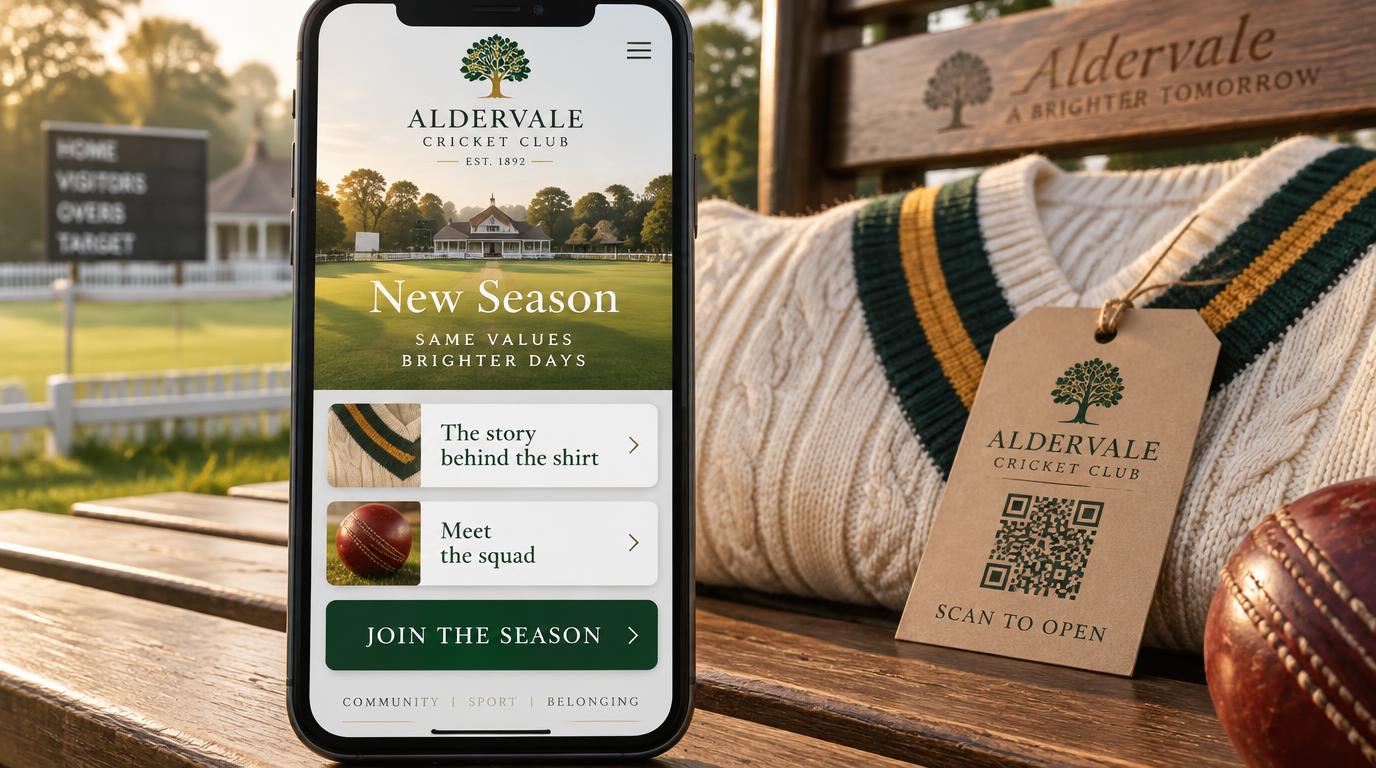 A phone showing an Aldervale new season portal with the story behind the shirt, meet the squad and a large join the season button, beside a cream cricket sweater with a designed scan-to-open swing tag on a pavilion bench