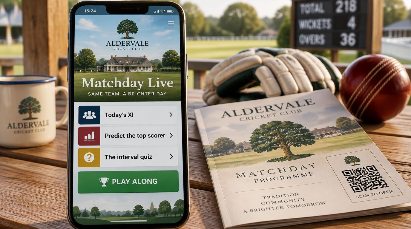 A phone showing an Aldervale matchday live portal with today's eleven, a predict the top scorer pick and the interval quiz behind a large play along button, with a printed matchday programme with a designed scan-to-open label on the pavilion table