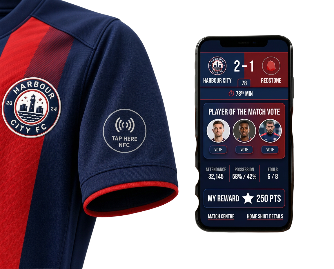Club shirt and scarf beside a phone showing a club fan portal