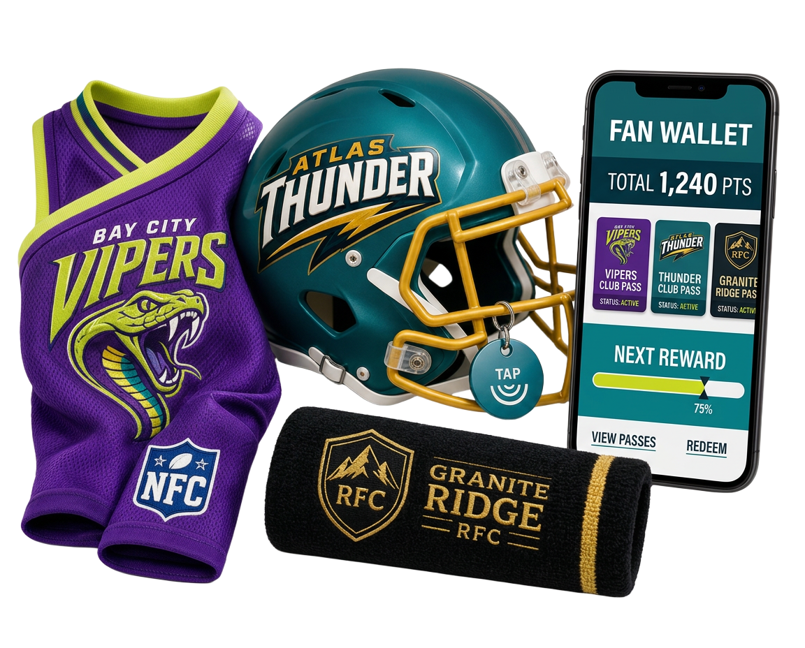 Connected basketball jersey, American football helmet and rugby wristband beside a phone showing tap, earn and redeem actions