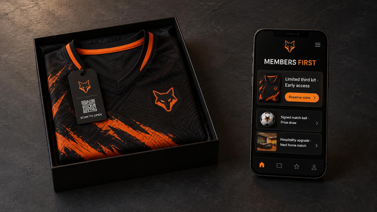 A limited-edition retro football jacket in a presentation box with a designed fox-crest swing tag and QR code, beside a phone showing a members-first limited drop with a reserve mine button