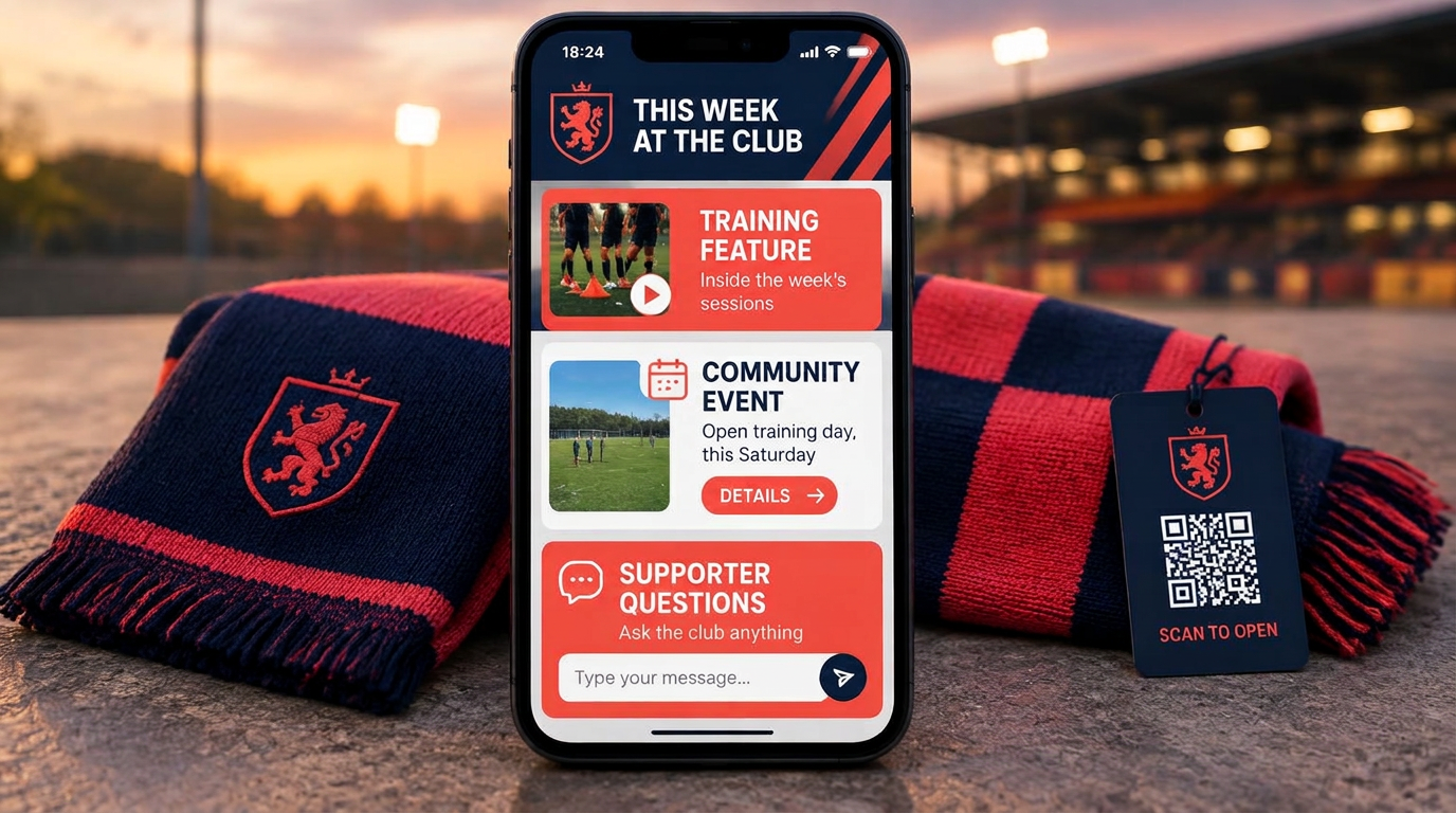 A phone showing a between-fixtures portal with a training feature, a community event and supporter questions, with a club scarf and a designed QR swing tag behind