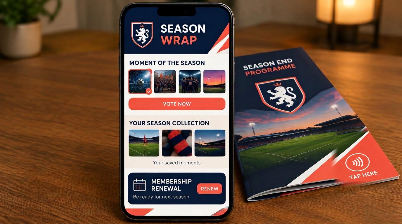 A phone showing a season wrap portal with a moment of the season vote, a season collection and a membership renewal button, with a commemorative season end programme with a QR code behind