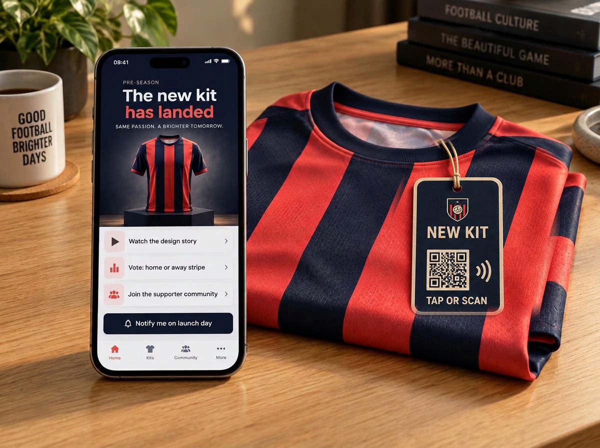A phone showing a new kit portal with the kit reveal, the design story and a join the supporter community button, with a folded football shirt and a designed QR swing tag behind