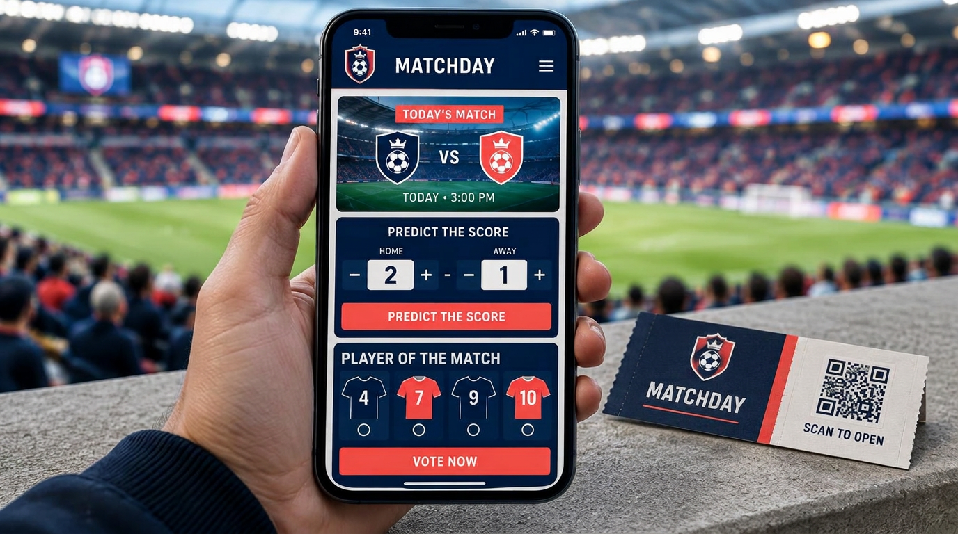 A phone showing a matchday portal with the match preview, a score prediction and a Player of the Match vote, with a designed match ticket with a QR code behind