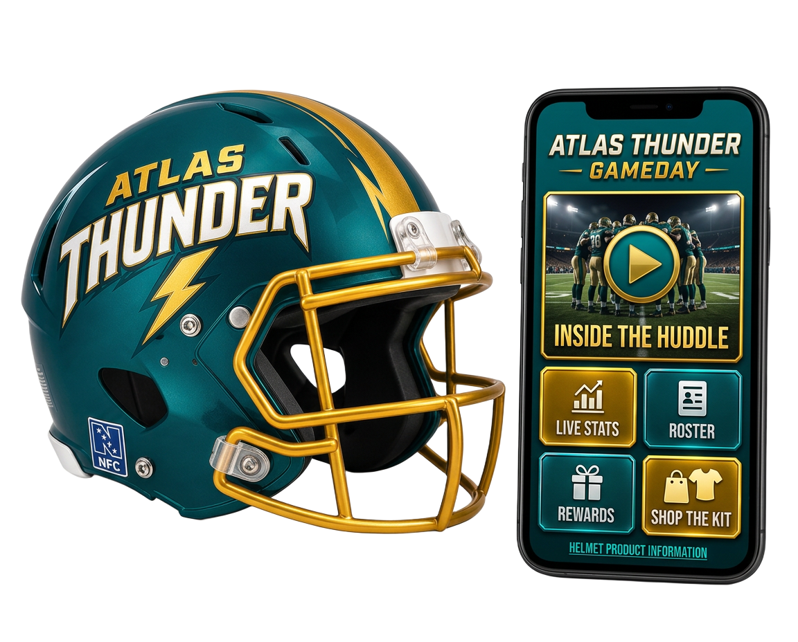 Connected American football helmet with its gameday portal on a phone