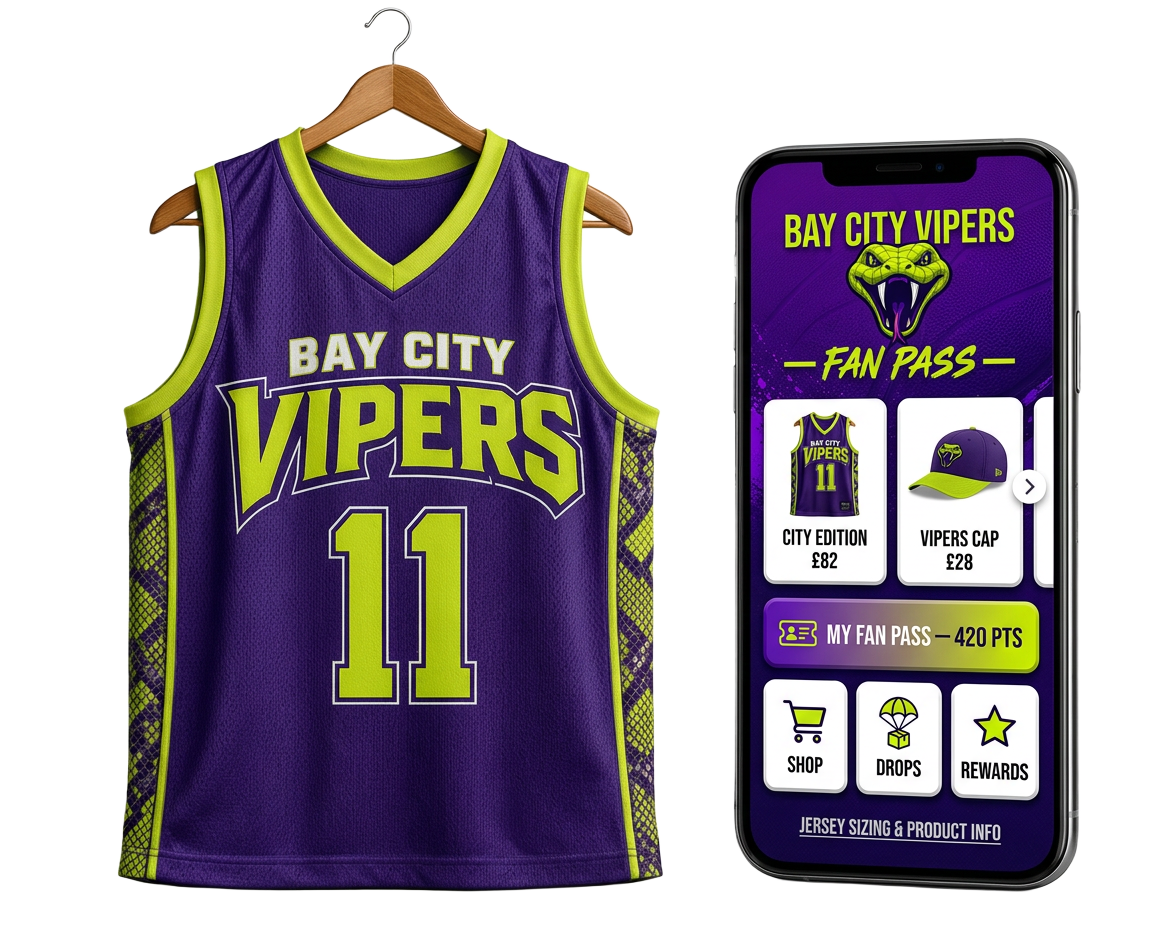 Connected basketball jersey with its fan pass on a phone