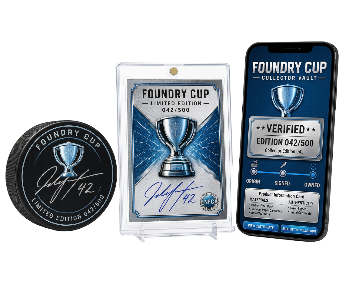 Limited edition signed collectible with its collector vault on a phone