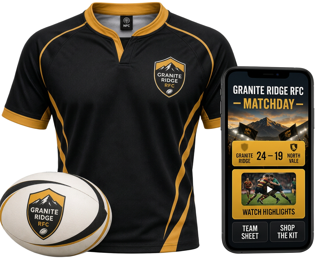 Connected rugby jersey and ball with its matchday portal on a phone