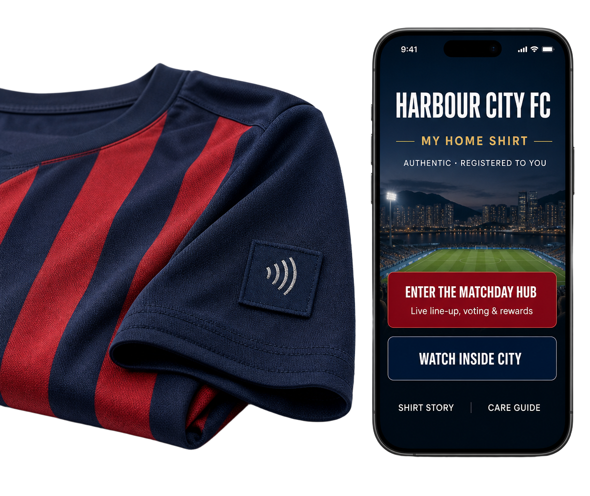 Harbour City football shirt with a visible sleeve NFC label and its matchday club portal on a phone
