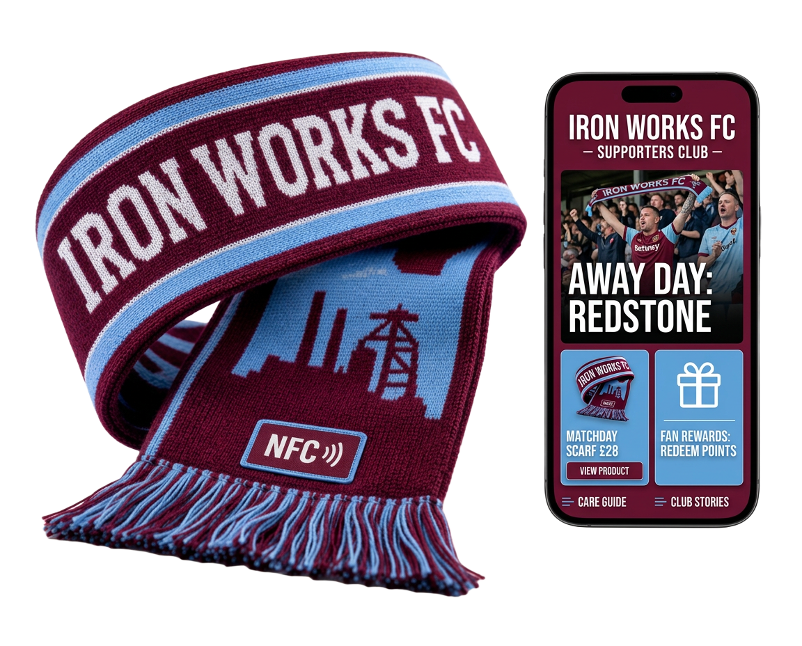 Connected supporters scarf with its supporters club portal on a phone