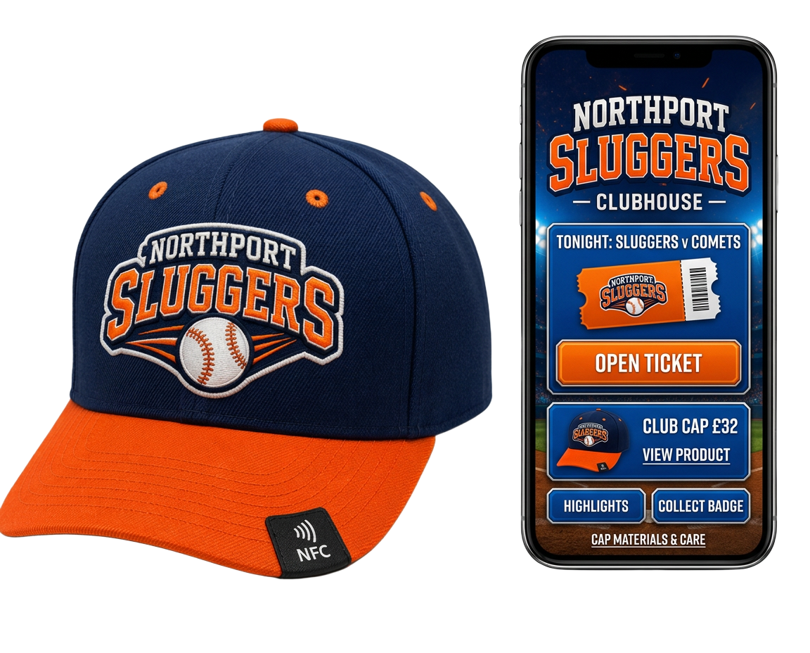 Connected baseball cap with its clubhouse portal on a phone