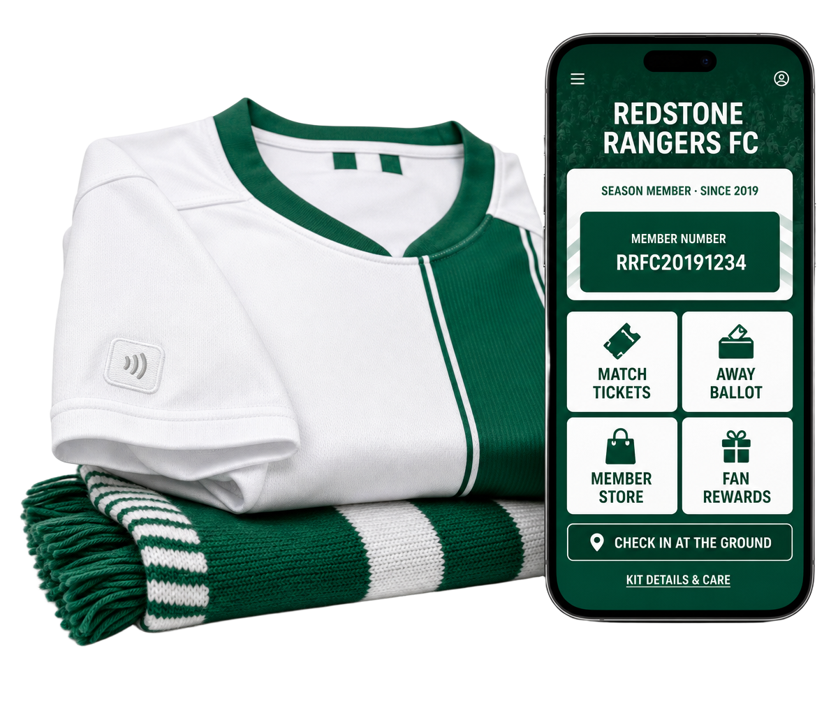 Folded Redstone Rangers away shirt and scarf with a season member portal on a phone