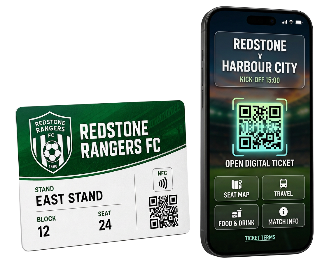 Connected matchday ticket with its seat portal on a phone