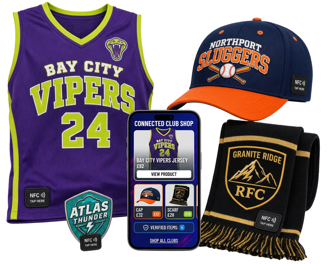 Iron Works FC connected shirt, scarf, cap, pin and collector card beside a phone showing the club shop portal