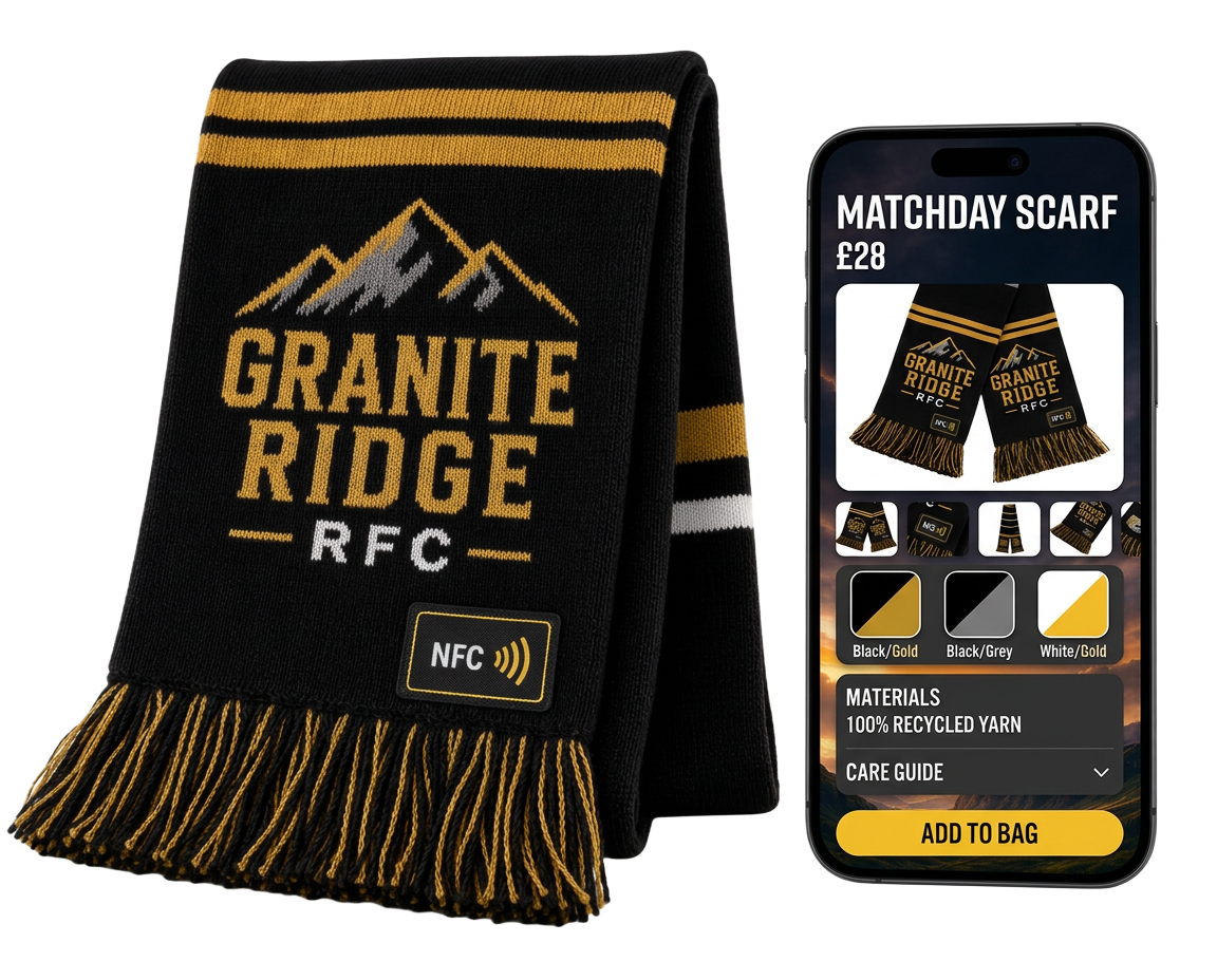Connected supporter scarf beside a phone showing a matchday rewards portal