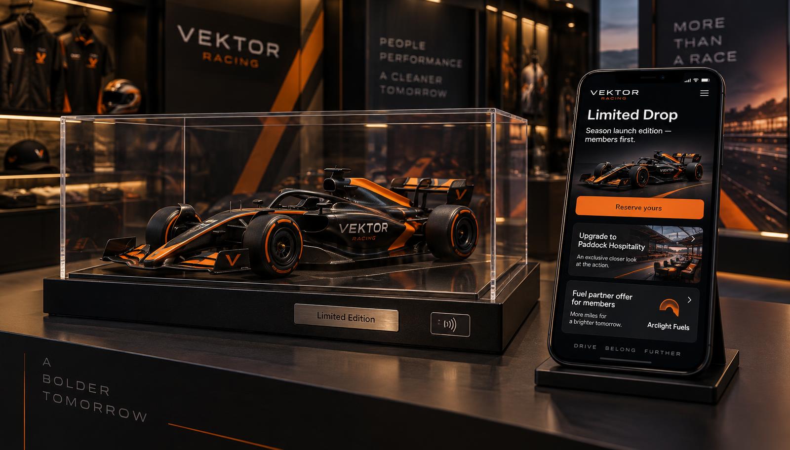 A limited-edition model race car in a display case with a tap tag, beside a phone showing a members-first limited drop, a hospitality upgrade and a partner offer