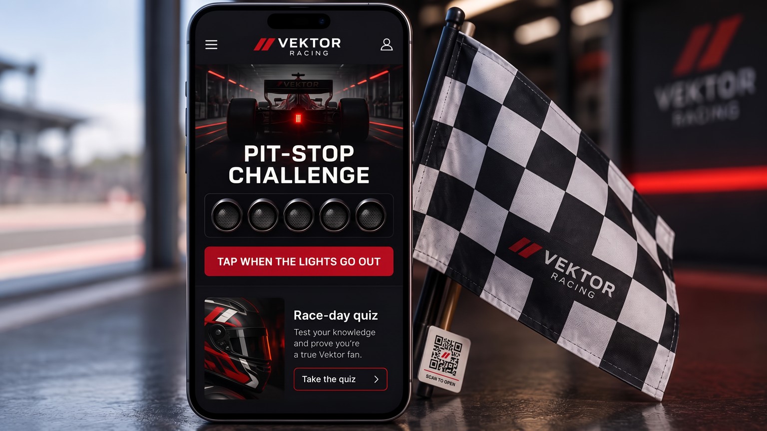 A phone showing a pit-stop challenge portal with a tap-when-the-lights-go-out reaction game and a race-day quiz, with a chequered flag card carrying a printed scan-to-open QR label behind