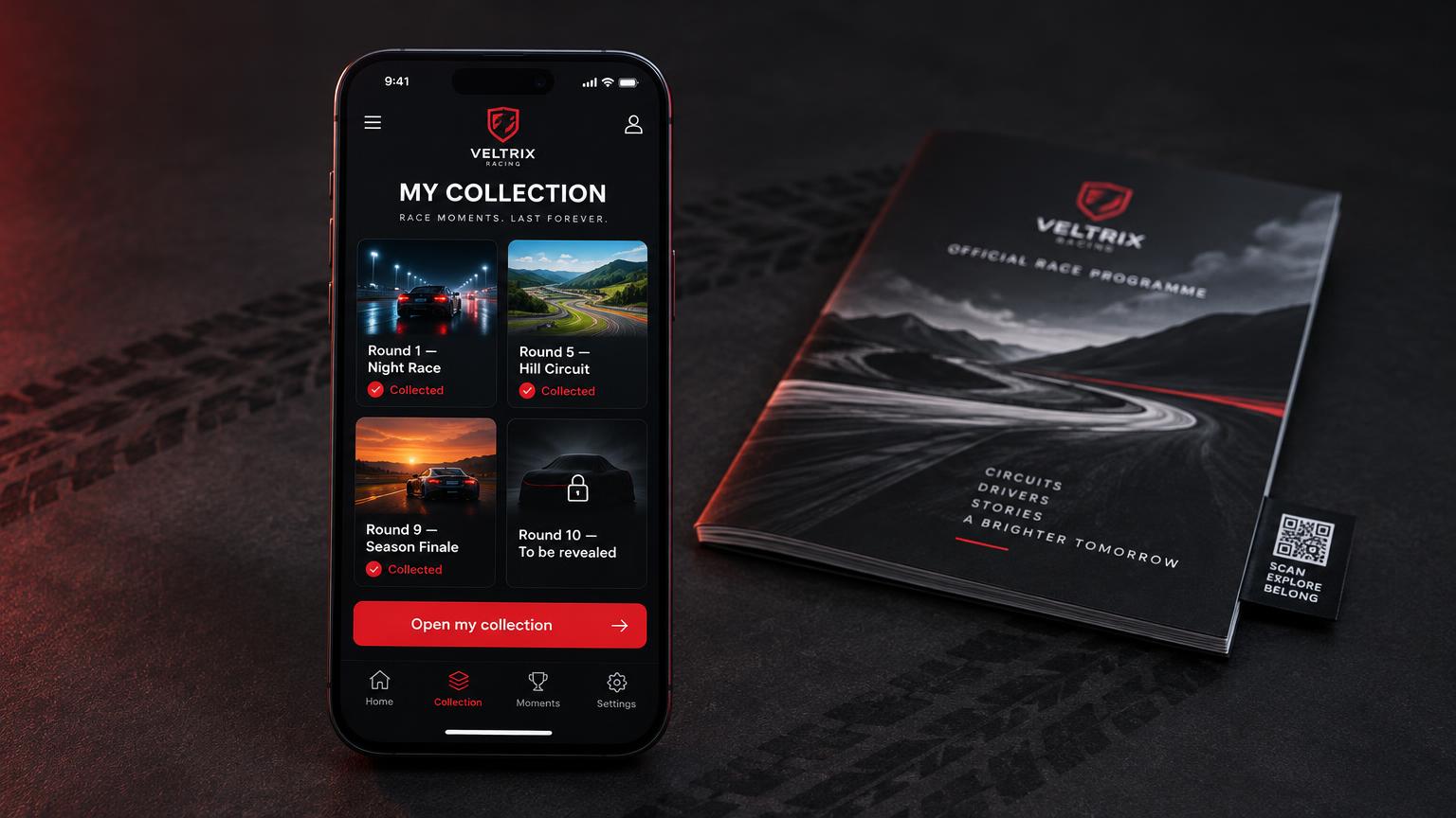 A phone showing a fan collection portal with collected race moments for round one, round five and the season finale, a locked round ten tile and an open my collection button, with a QR-tagged race programme beside it