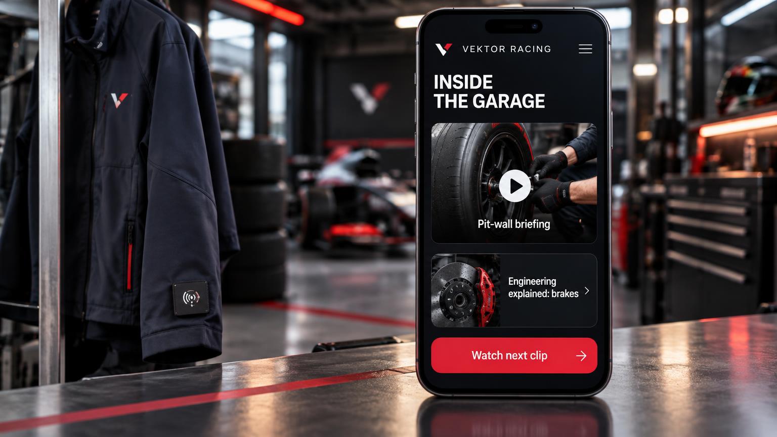 A phone showing an Inside the garage portal with a pit-wall briefing video, an engineering explainer and a watch next clip button, with a tagged team jacket blurred behind