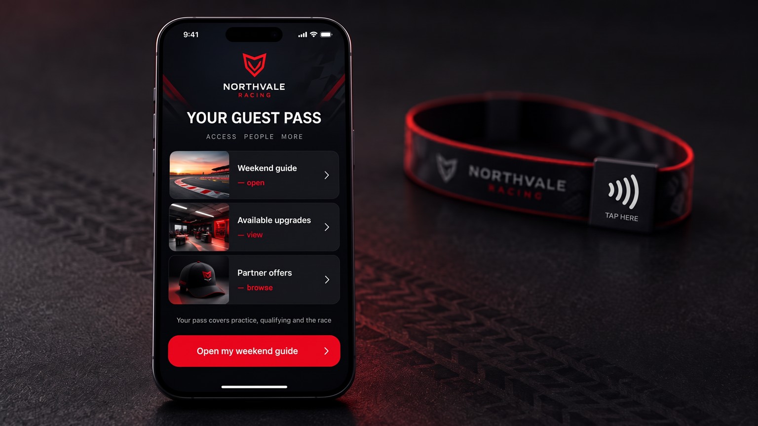 A phone showing a guest pass portal with a weekend guide, available upgrades and partner offers, with a QR-tagged event wristband beside it