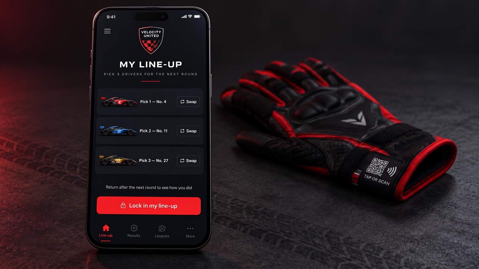 A phone showing a fantasy line-up portal with three picks labelled No. 4, No. 11 and No. 27, swap controls and a lock in my line-up button, with a QR-tagged racing glove beside it