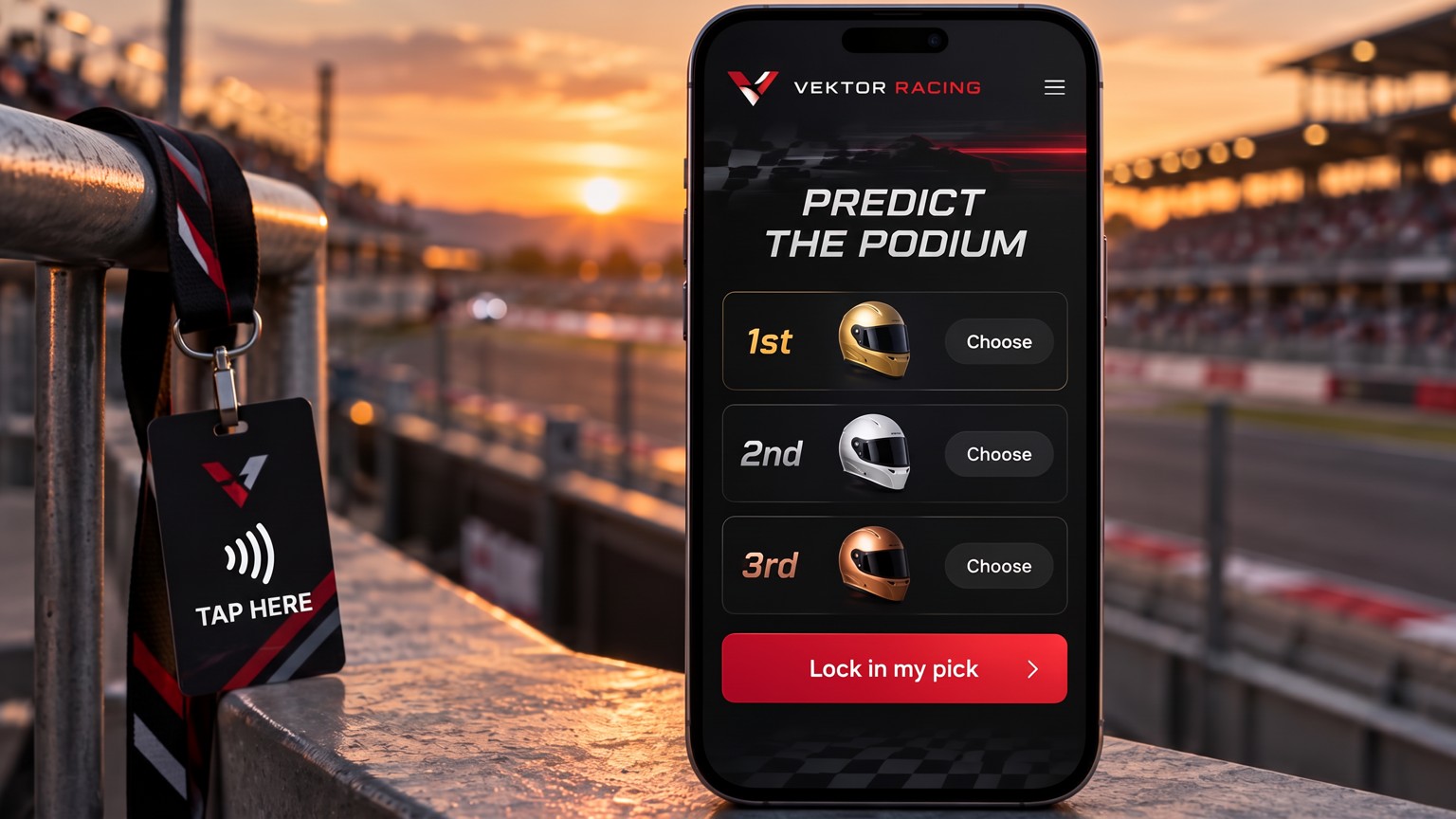 A phone showing a predict-the-podium portal with first, second and third place picks and a lock in my pick button, with a tap race pass lanyard on a grandstand rail behind