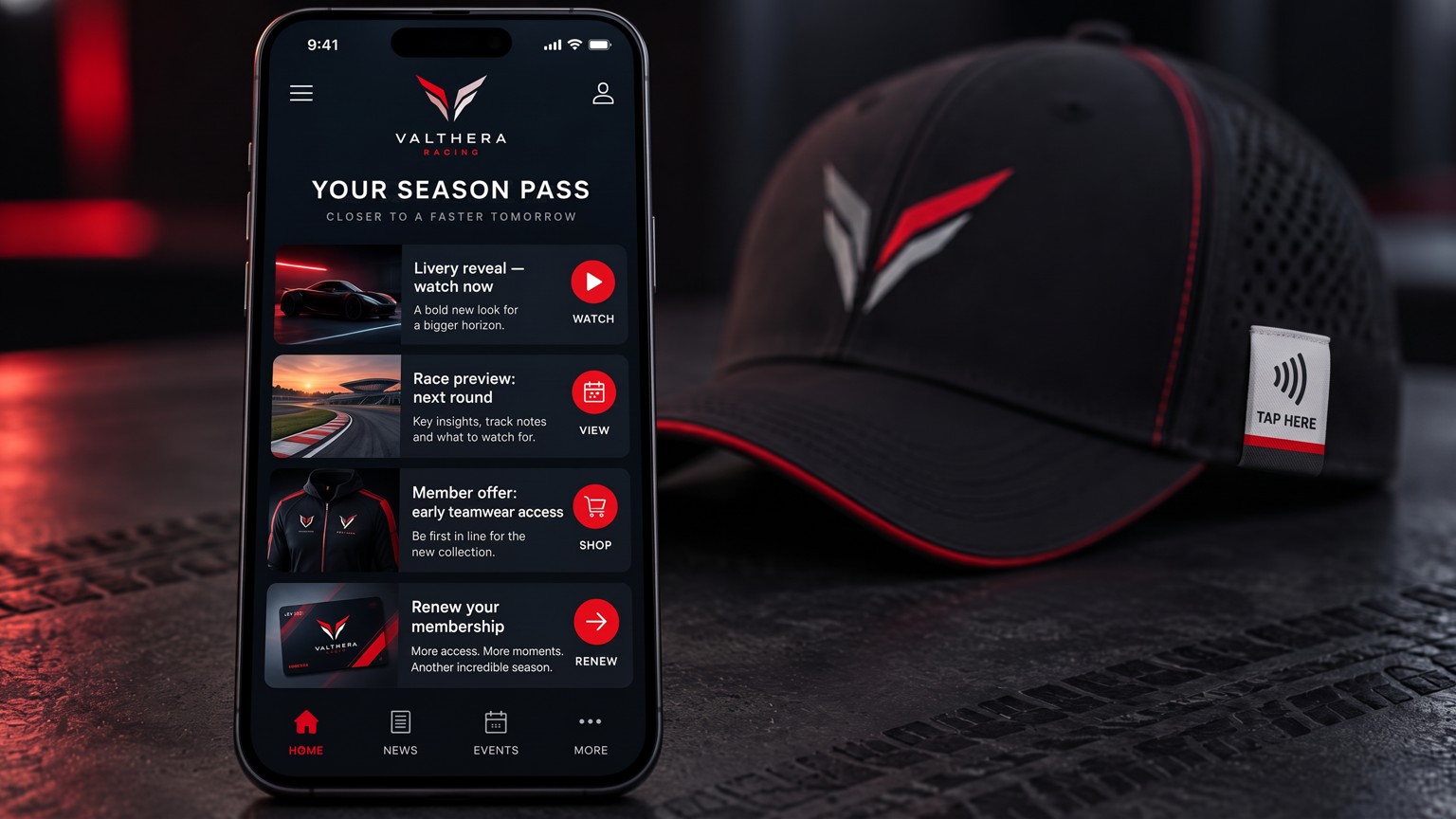 A phone showing a season pass portal with a livery reveal, next-round race preview, member teamwear offer and membership renewal, with a tap-tagged team cap blurred behind